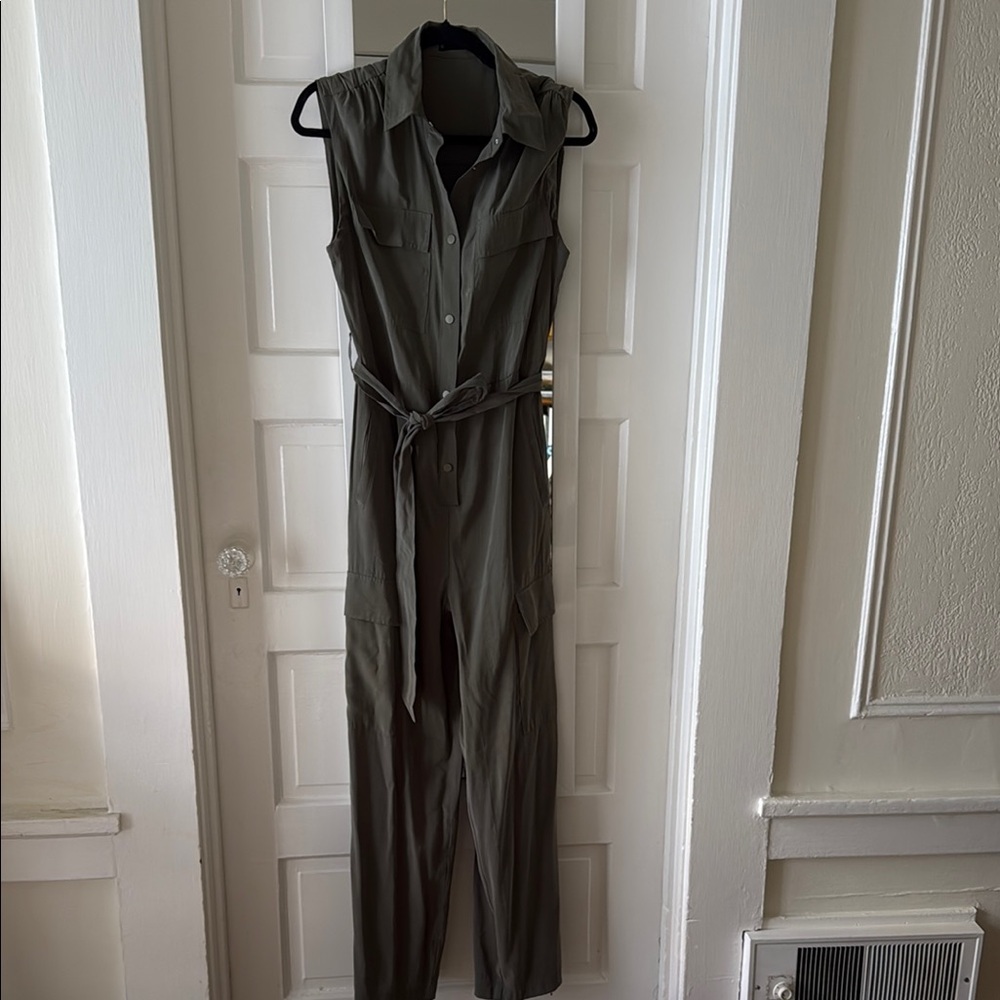 Mango Green Jumpsuit with V-Neck and Waist Tie